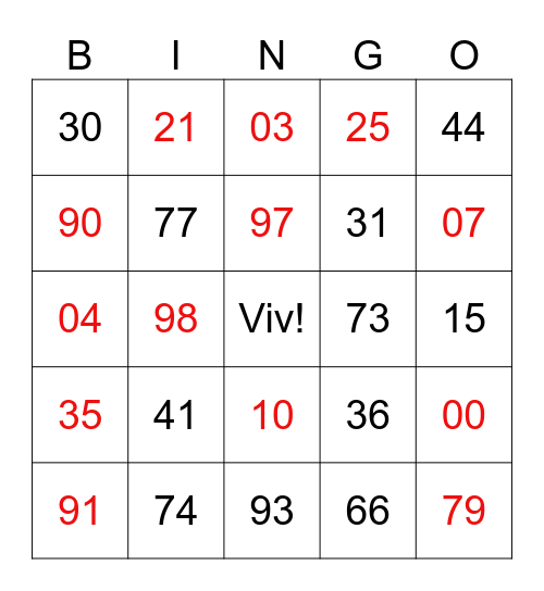 BINGO: The Viv Years Bingo Card