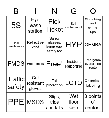 Safety Bingo Card