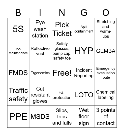 Safety Bingo Card