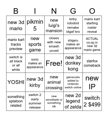 switch 2 predictions Bingo Card