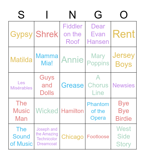 Broadway Bingo Card