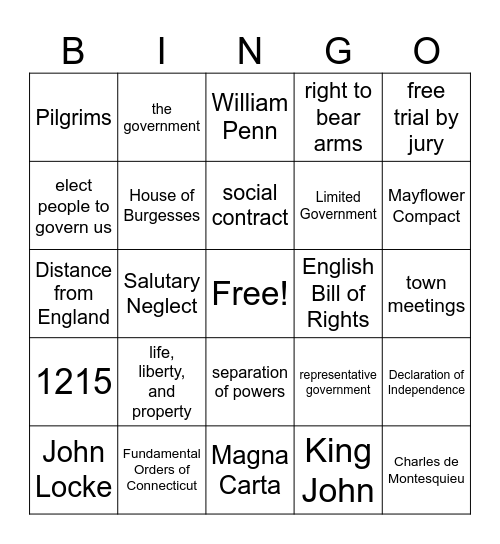 Representative Government Bingo Card