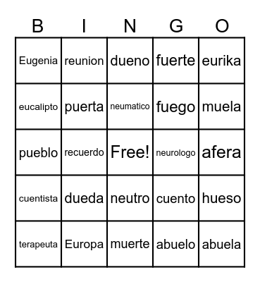Diptongos con eu, ue Bingo Card