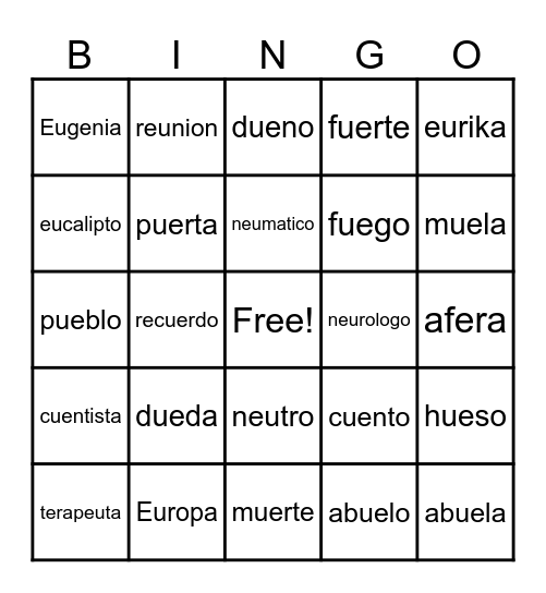 Diptongos con eu, ue Bingo Card