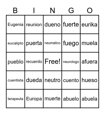 Diptongos con eu, ue Bingo Card
