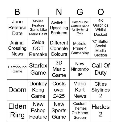 Wills' Switch 2 Predictions Bingo Card