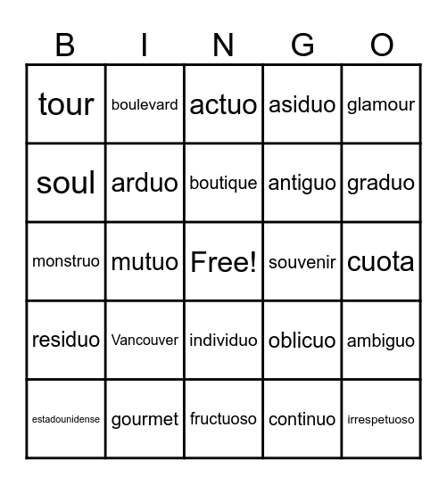 Diptongos con ou, uo Bingo Card