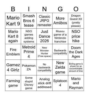 Nintendo Direct Switch 2 Bingo Card