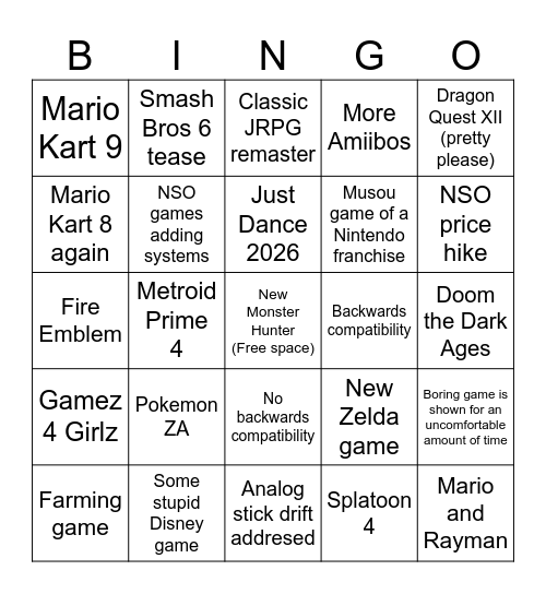 Nintendo Direct Switch 2 Bingo Card