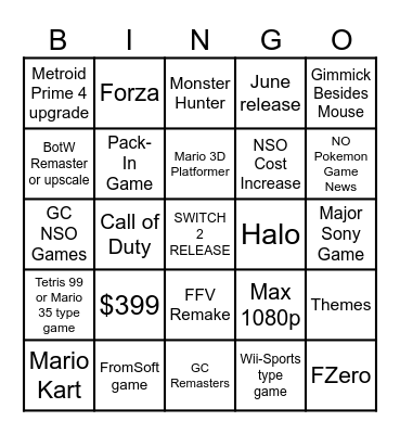 2024 Switch 2 Bingo Card Bingo Card