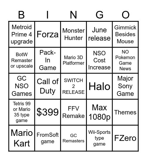 2024 Switch 2 Bingo Card Bingo Card