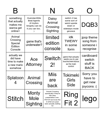 Switch 2 Bingo Card