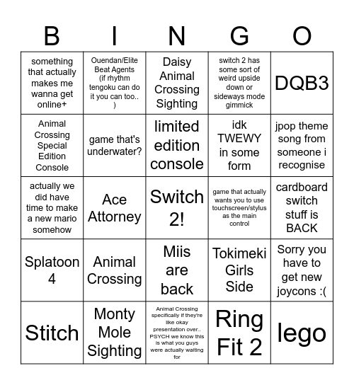 Switch 2 Bingo Card