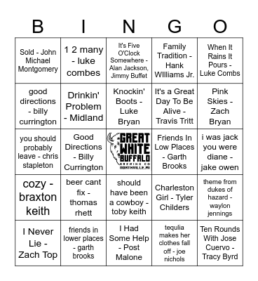 YEEHAW!!! It's Country Hits Bingo Card