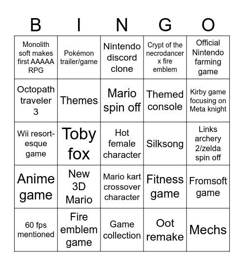 Nintendo direct 2 Bingo Card
