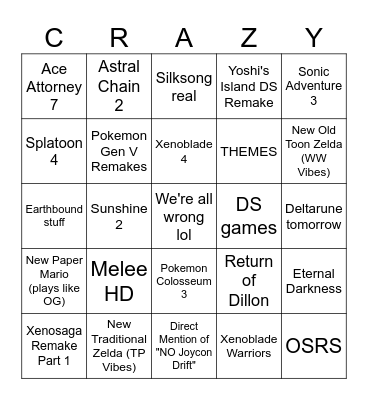 Nintendawgs Bingo Card