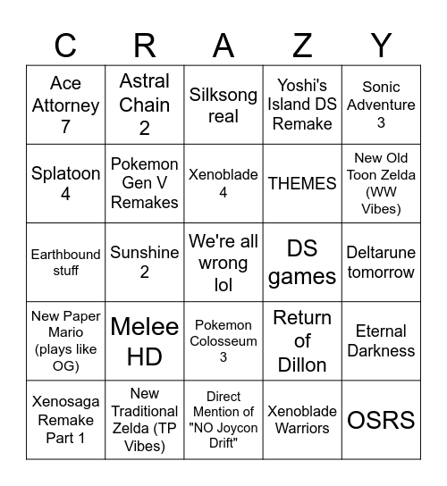 Nintendawgs Bingo Card