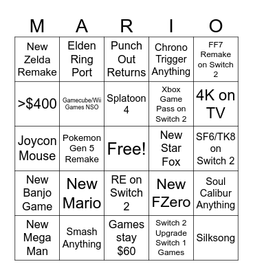 Nintendo Switch 2 Presentation Bingo Card