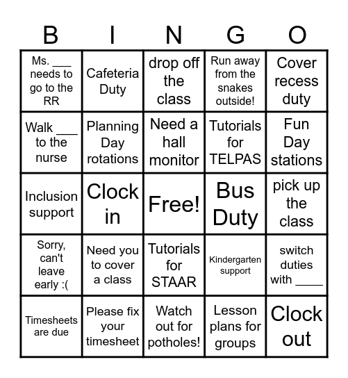 Thank You Paraprofessionals! Bingo Card