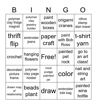 Arts & Crafts Bingo Card