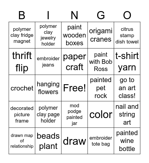 Arts & Crafts Bingo Card
