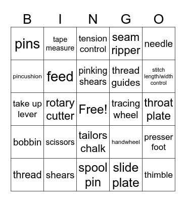 Sewing Tools/Machine Parts Bingo Card