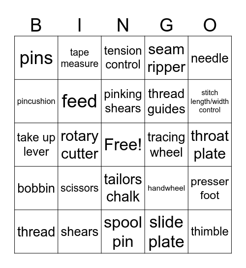 Sewing Tools/Machine Parts Bingo Card