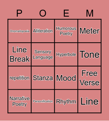 5th Grade Poetry Bingo Card