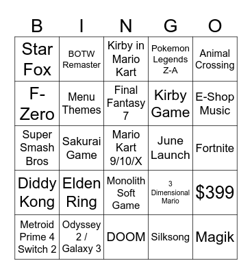 Nintendo Switch 2 Direct Bingo Card