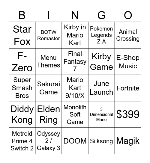 Nintendo Switch 2 Direct Bingo Card