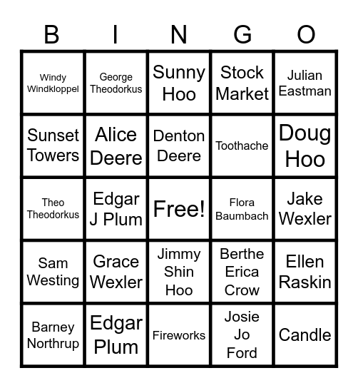 The Westing Game Bingo Card