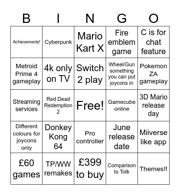 Nintendo Bingo Card