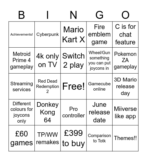 Nintendo Bingo Card