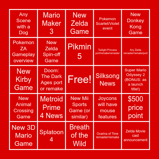 AH Nintendo Switch 2 Direct Bingo! Bingo Card