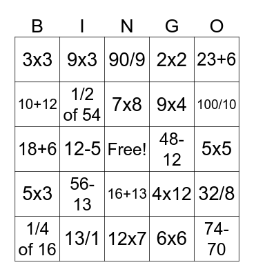 Maths Bingo ! Bingo Card