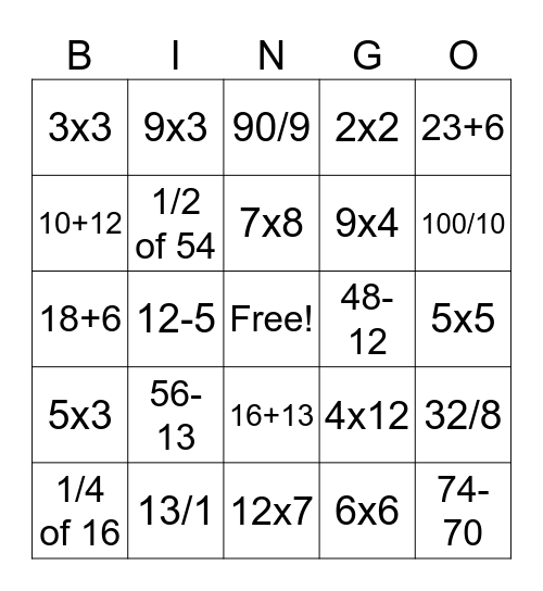Maths Bingo ! Bingo Card