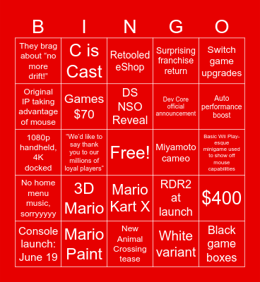 Switch 2 Direct Bingo Card