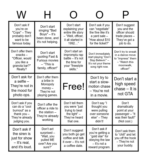 What Not to do when pulled over Bingo Card