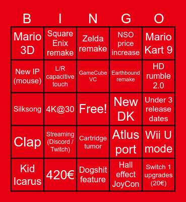 Nintendo Direct Switch 2 Bingo Card