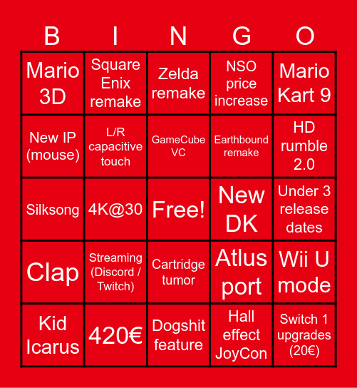Nintendo Direct Switch 2 Bingo Card