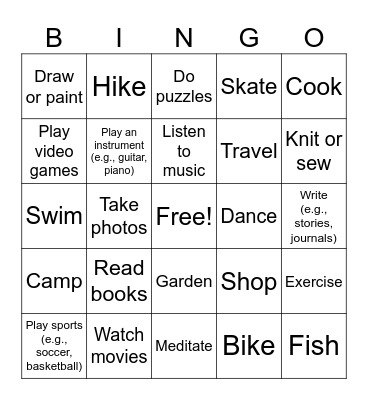What Do You Do in Your Free Time? Bingo Card