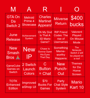 Nintendot Swtich 2 Event Bingo Card