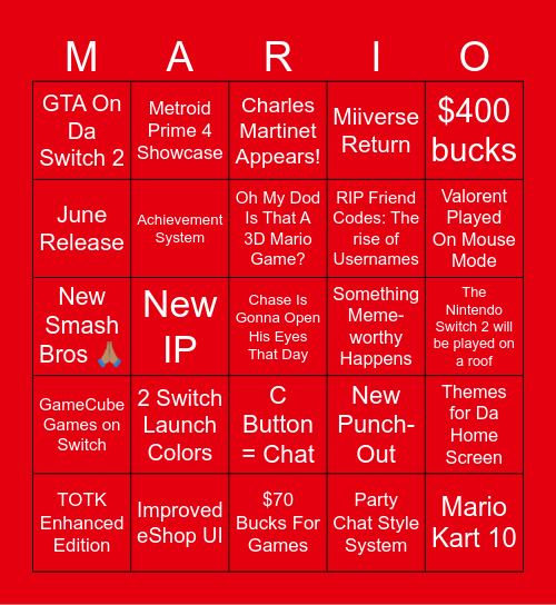 Nintendot Swtich 2 Event Bingo Card