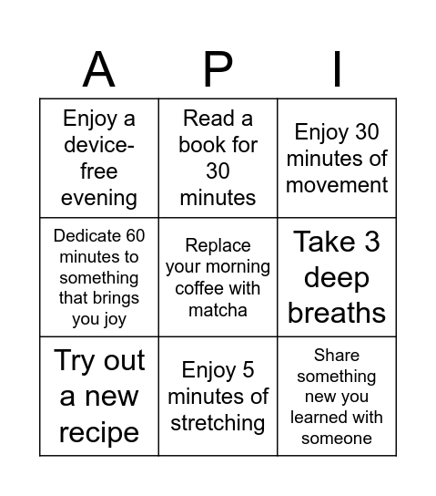 API ERG Activity Bingo Card
