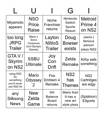 NS 2 Direct Bingo Card
