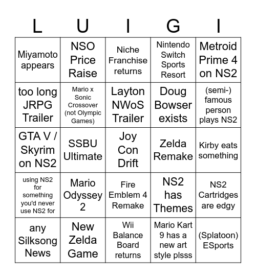 NS 2 Direct Bingo Card