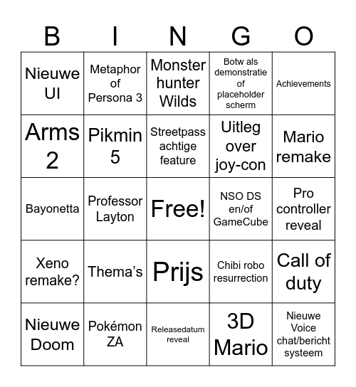 Switch 2 Bingo Card