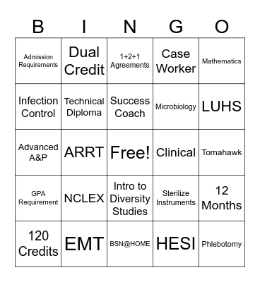 Nicolet College Healthcare Bingo Card