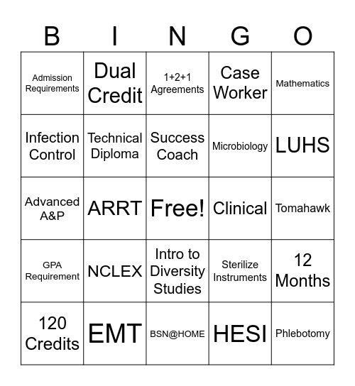 Nicolet College Healthcare Bingo Card