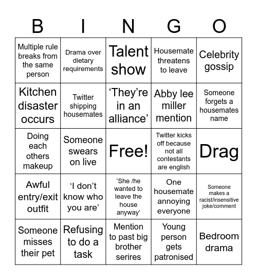 Big Brother Bingo Card